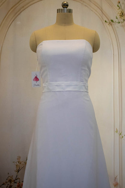 White Sheath Long Simple Satin Wedding Dress with Detachable Lace Shawl