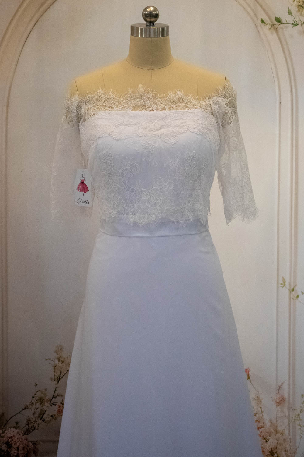 White Sheath Long Simple Satin Wedding Dress with Detachable Lace Shawl