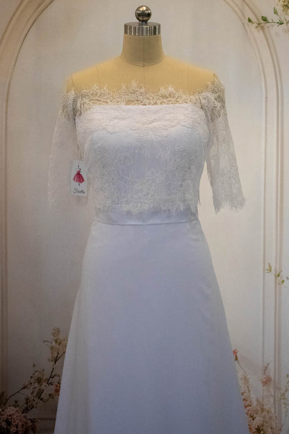 White Sheath Long Simple Satin Wedding Dress with Detachable Lace Shawl