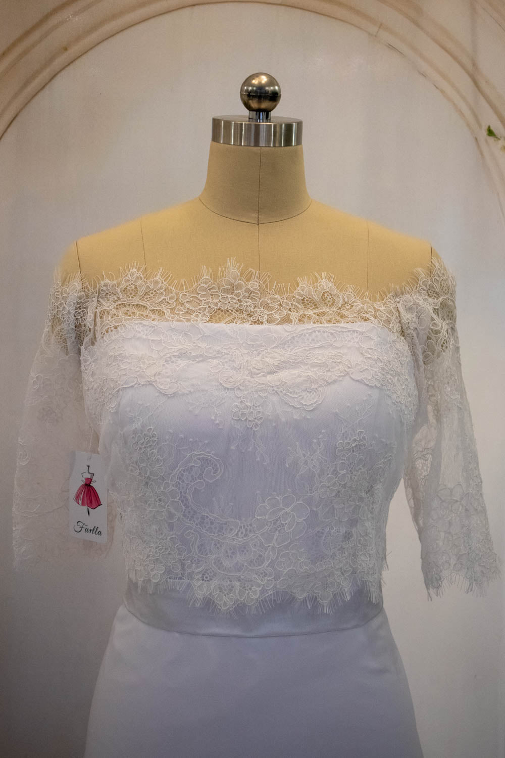 White Sheath Long Simple Satin Wedding Dress with Detachable Lace Shawl