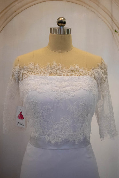 White Sheath Long Simple Satin Wedding Dress with Detachable Lace Shawl