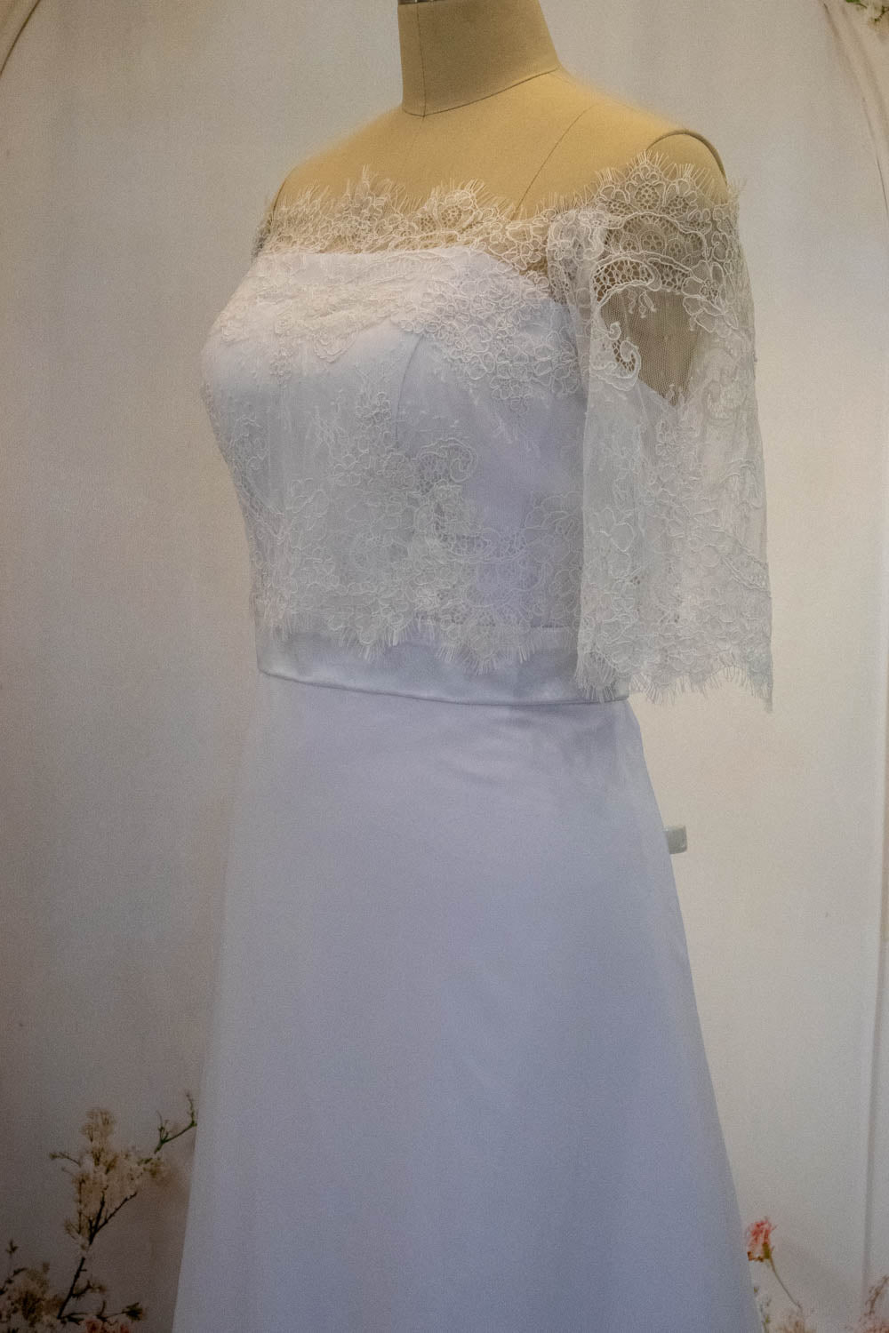 White Sheath Long Simple Satin Wedding Dress with Detachable Lace Shawl