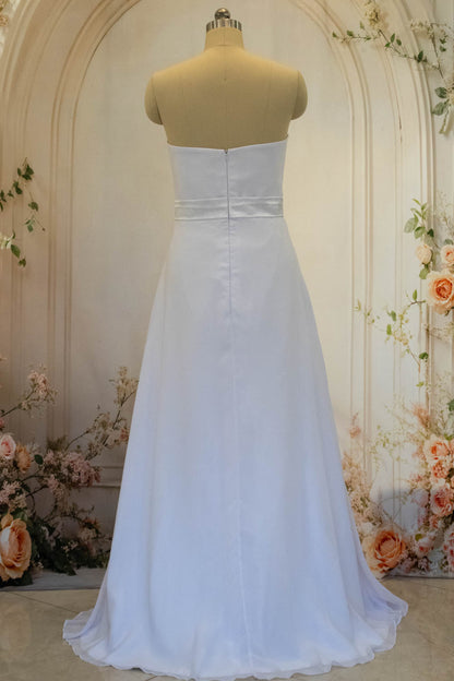 White Sheath Long Simple Satin Wedding Dress with Detachable Lace Shawl