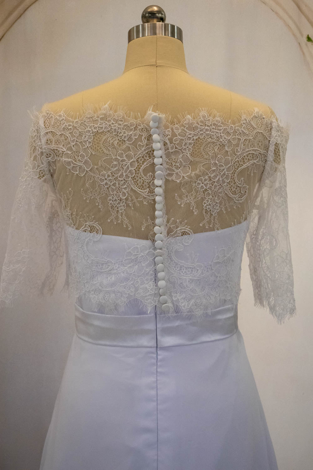 White Sheath Long Simple Satin Wedding Dress with Detachable Lace Shawl