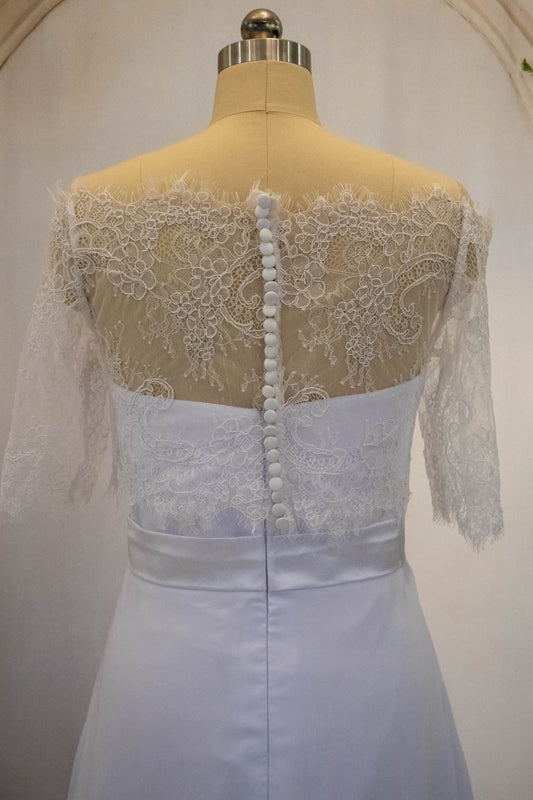 White Sheath Long Simple Satin Wedding Dress with Detachable Lace Shawl
