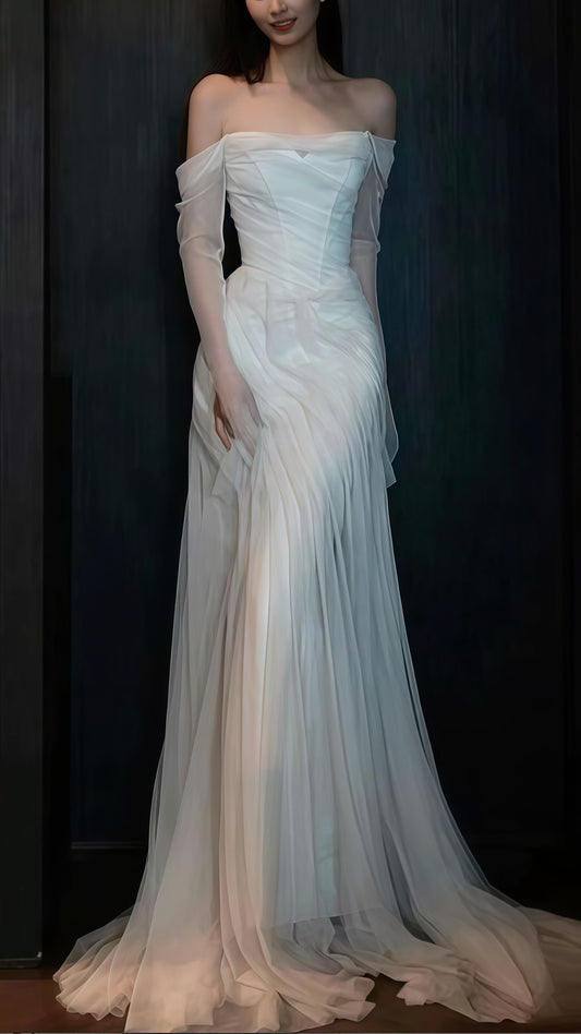 White Sheath Tulle Wedding Dress, White Off The Shoulder Prom Dress,AST1786