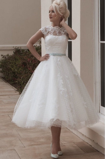 Vestido de novia retro de encaje blanco largo hasta la rodilla, vestidos de novia de lunares
