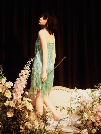 Shiny Bright Green Sequin A Line Spaghetti Strap Short Homecoming Dress Cocktail Dress SH3577