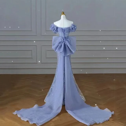 Sparkly Blue Prom Dress With Bow Sequins Off The Shoulder Mermaid Evening Gown SH1332