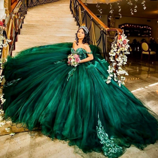 Vestido de quinceañera verde oscuro, vestido de quinceañera con lentejuelas y cuentas, vestido de baile