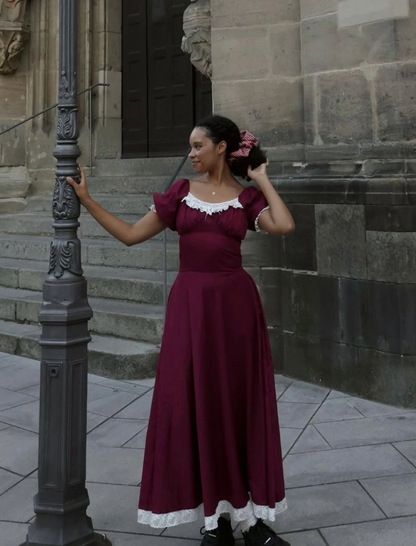 Burgundy A Line Puff White Lace Satin Long Party Dress Cocktail Dress Date Dress SH3685