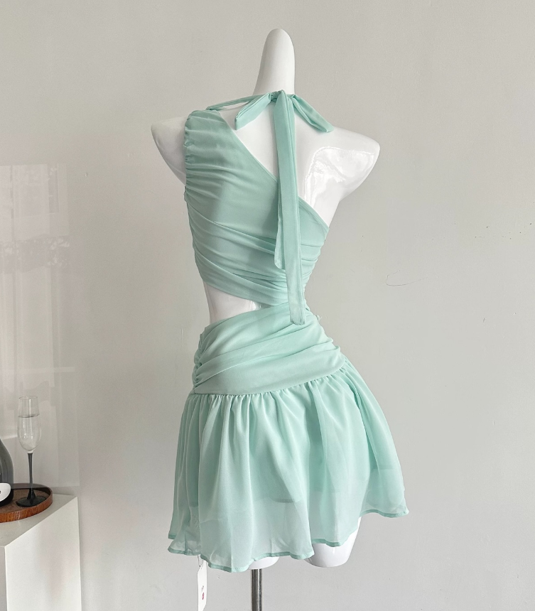 Mint Green A Line Halter Flower Chiffon Short Homecoming Dress Cocktail Dress SH3050