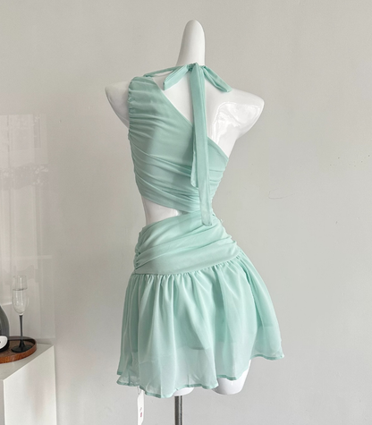 Mint Green A Line Halter Flower Chiffon Short Homecoming Dress Cocktail Dress SH3050