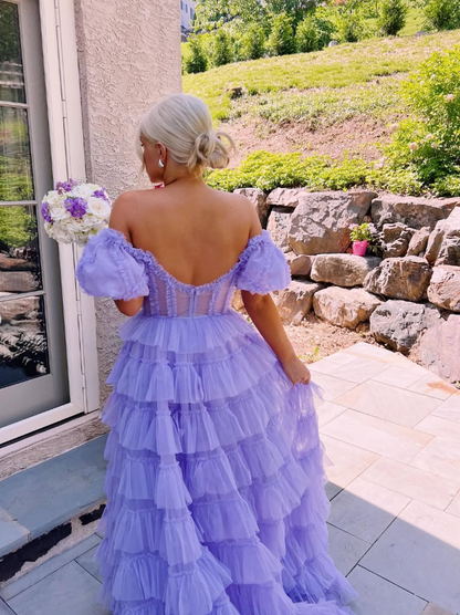 Stunning A Line Off the Shoulder Corset Tiered Purple Tulle Prom Dress Evening Dress SH2319