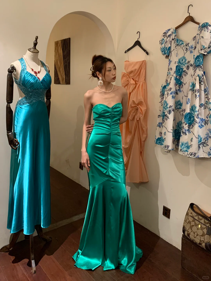 Vintage Mermaid Sweetheart Neck Pleated Green Satin Long Party Dress Cocktail Dress SH2946
