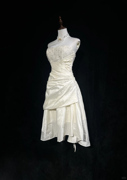 Vintage A Line Sweetheart Neck Beaded White Satin Short Homecoming Dress Cocktail Dress SH3148