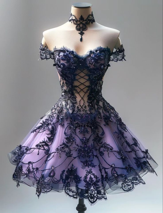 Vintage Purple Off The Shoulder Tulle Beaded A Line Short Party Dress 15th Birthday Outfits S816