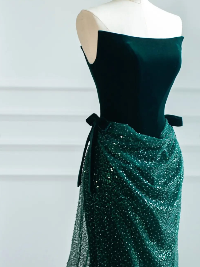 Green A Line Strapless Velvet Sequin Long Sweep Prom Dress Graduation Prom Dress SH2492