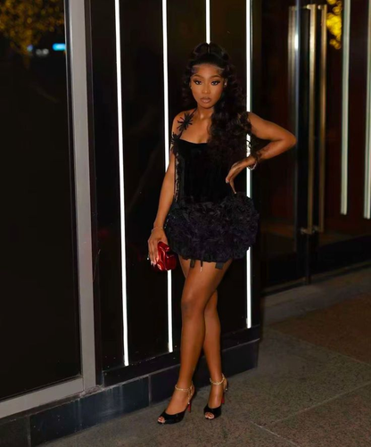 Sexy Black Satin Rose Halter Cocktail Dress Sheath Short Birthday Dress Homecoming Dress S376