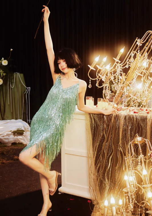 Shiny Bright Green Sequin A Line Spaghetti Strap Short Homecoming Dress Cocktail Dress SH3577