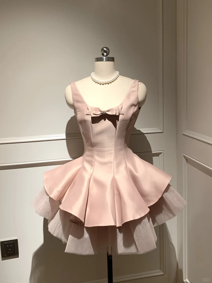 Cute A Line Strap Bow Light Pink Tulle Satin Short Homecoming Dress Cocktail Dress SH3088