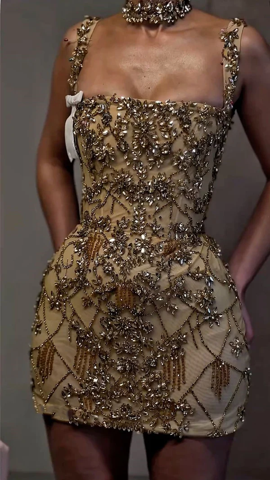Luxury Sheath Square Neck Gold Short Formal Grade Homecoming Dresses Gold Cocktail Dress S337