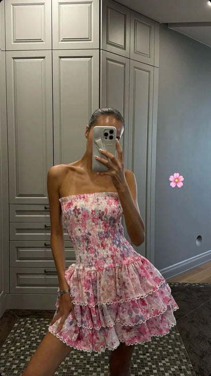 Cute Floral Strapless Design A-line Tiered Party Dress Homecoming Dress TP4078