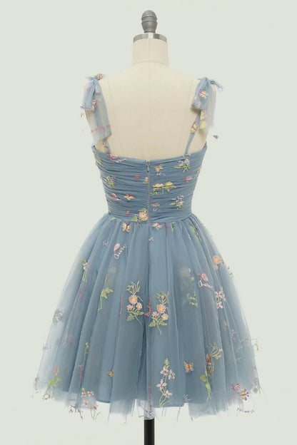 Charming Floral Embroidery Design A-line Tulle Spaghetti Strap Homecoming Dress TP3639