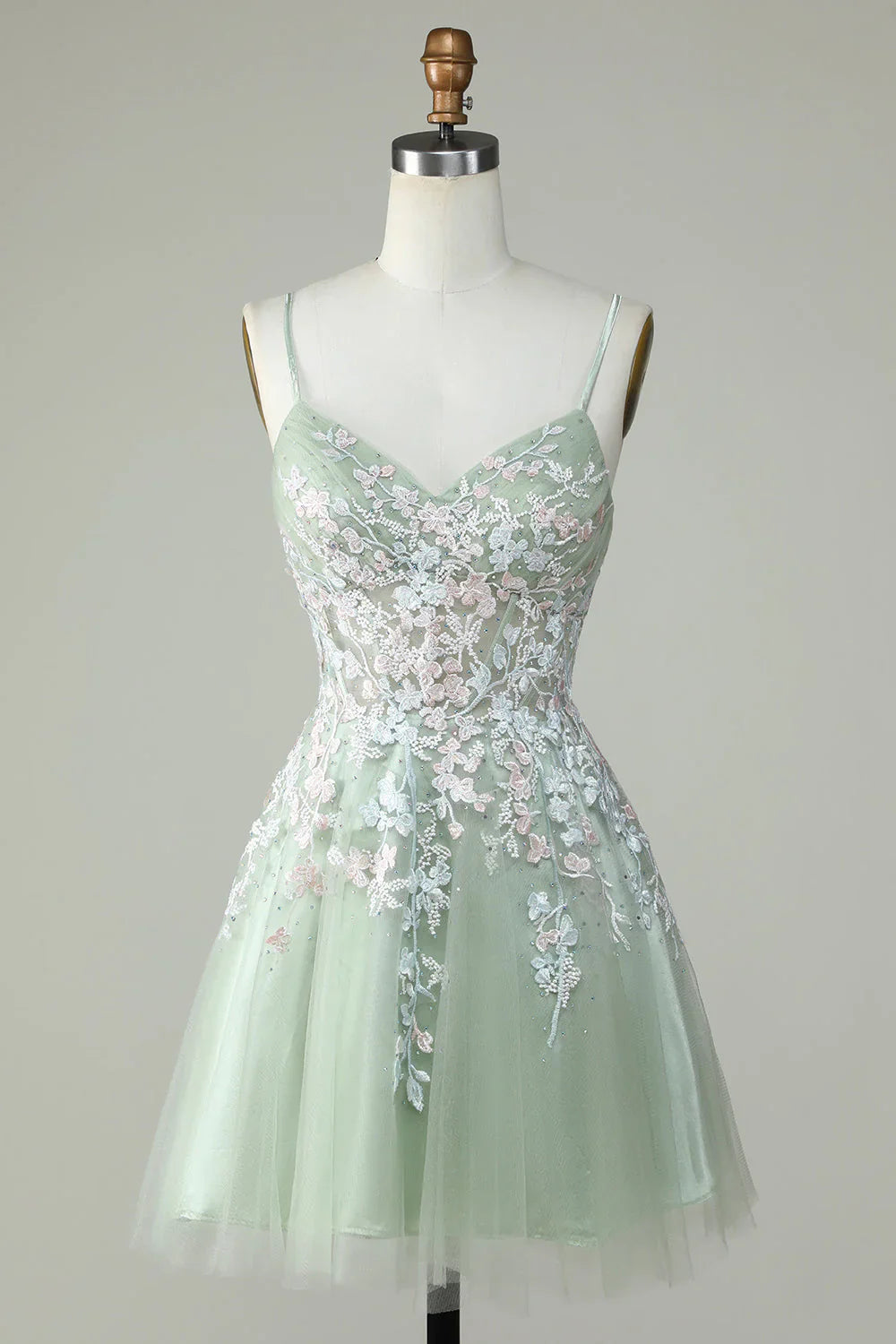 Gorgeous Light Green Appliqued Tulle Design A-line Spaghetti Strap Homecoming Dress TP3634
