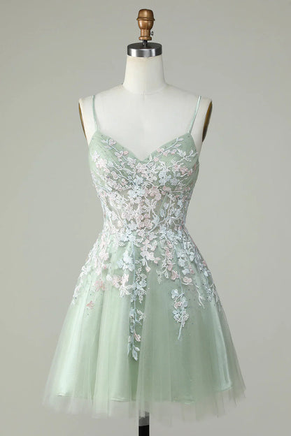Gorgeous Light Green Appliqued Tulle Design A-line Spaghetti Strap Homecoming Dress TP3634
