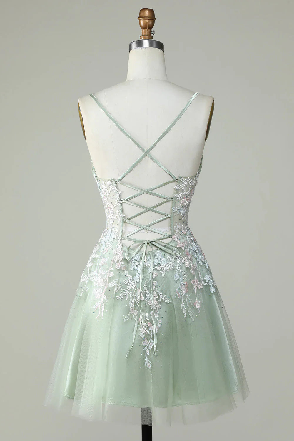 Gorgeous Light Green Appliqued Tulle Design A-line Spaghetti Strap Homecoming Dress TP3634