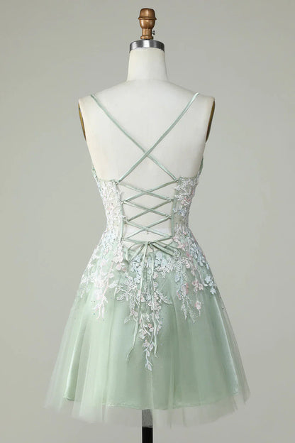 Gorgeous Light Green Appliqued Tulle Design A-line Spaghetti Strap Homecoming Dress TP3634
