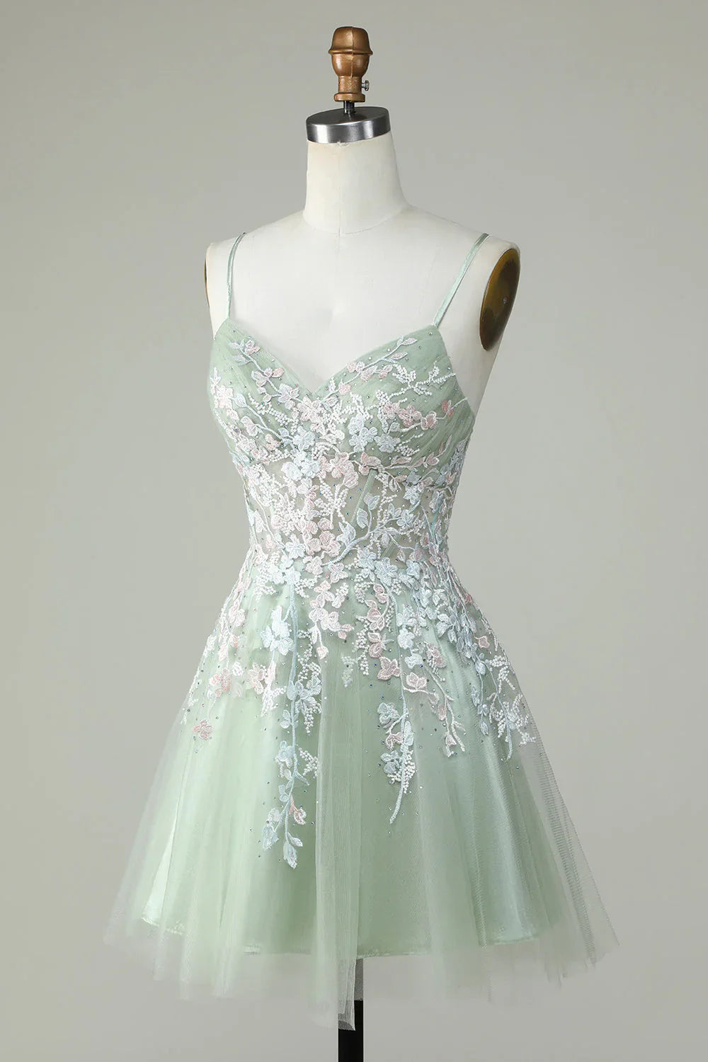 Gorgeous Light Green Appliqued Tulle Design A-line Spaghetti Strap Homecoming Dress TP3634