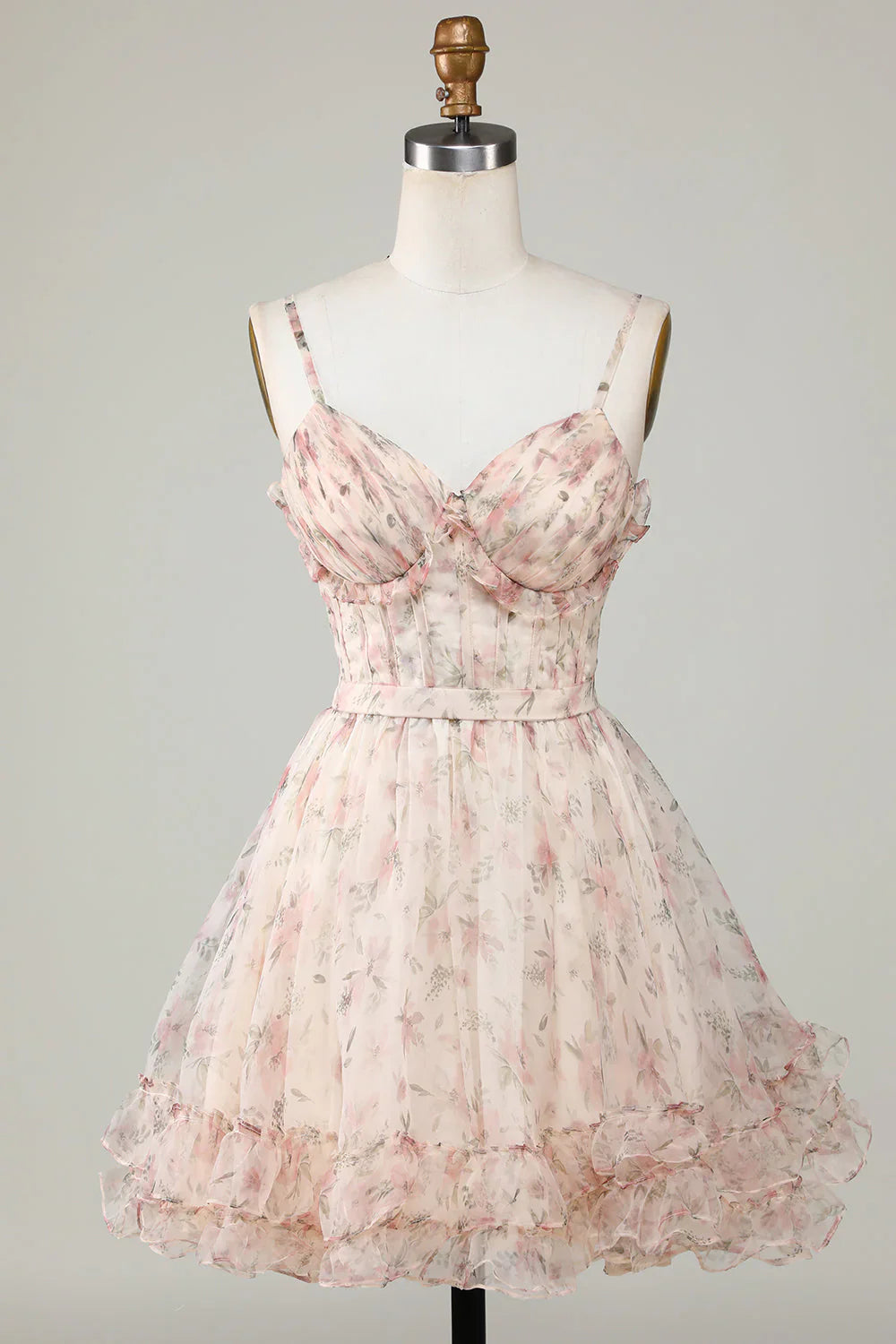 Vestido de fiesta con tirantes finos, corte A, diseño floral y corsé color champán, TP3642