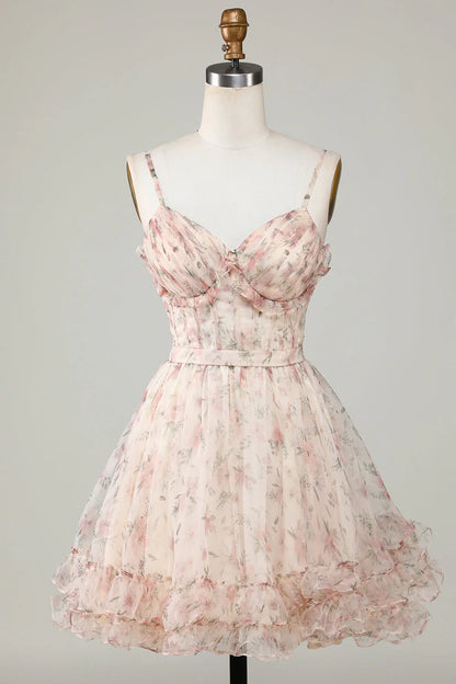 Vestido de fiesta con tirantes finos, corte A, diseño floral y corsé color champán, TP3642