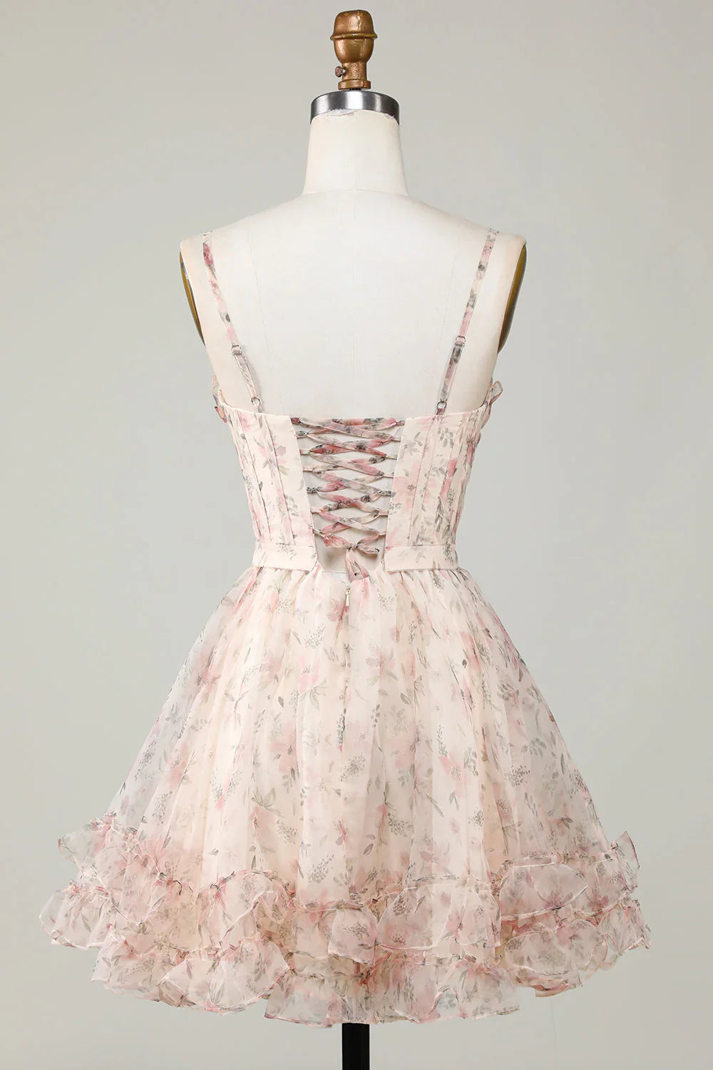 Vestido de fiesta con tirantes finos, corte A, diseño floral y corsé color champán, TP3642