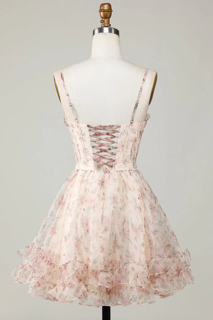 Vestido de fiesta con tirantes finos, corte A, diseño floral y corsé color champán, TP3642
