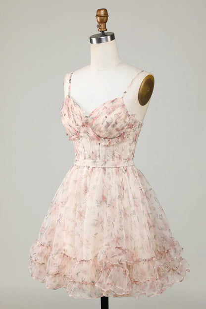 Vestido de fiesta con tirantes finos, corte A, diseño floral y corsé color champán, TP3642
