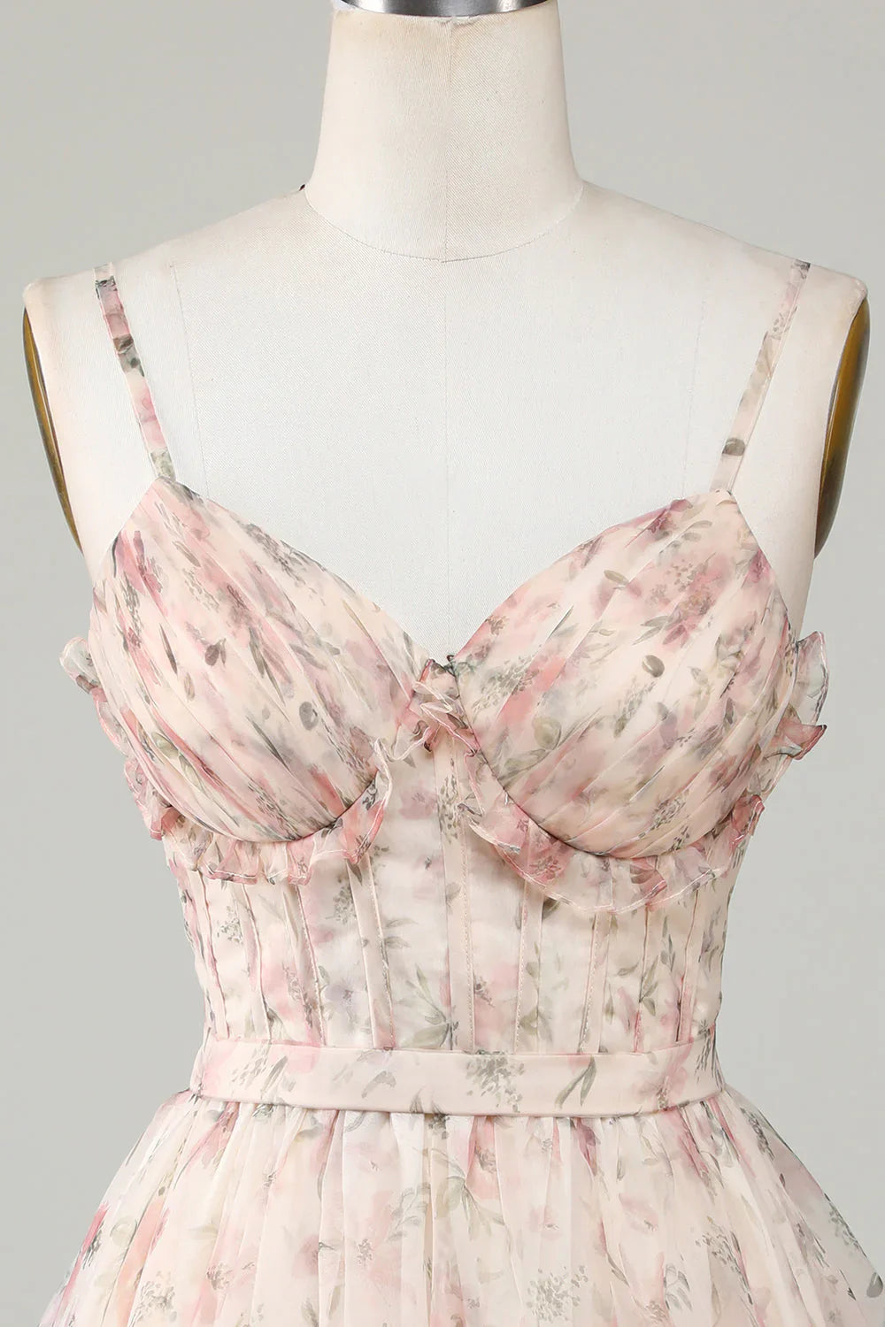 New Fashion Champagne Floral Design A-line Corset Spaghetti Strap Short Homecoming Dress TP3457