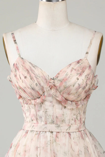 New Fashion Champagne Floral Design A-line Corset Spaghetti Strap Short Homecoming Dress TP3457