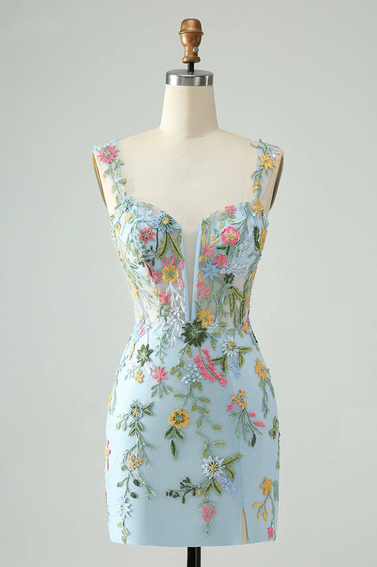 New Fashion Floral Embroidery Design A-line Strap Short Homecoming Dress TP3456