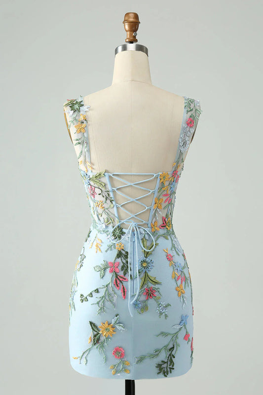 New Fashion Floral Embroidery Design A-line Strap Short Homecoming Dress TP3456