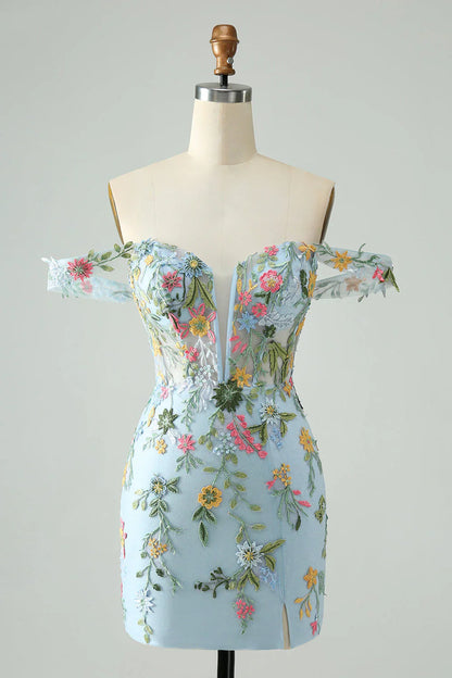 New Fashion Floral Embroidery Design A-line Strap Short Homecoming Dress TP3456