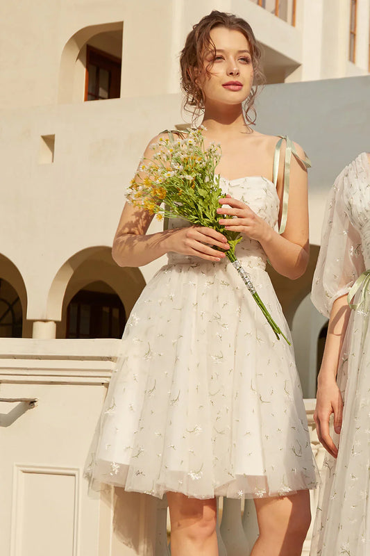 Stylish Spaghetti Straps White Floral Design A-line Spaghetti Strap Homecoming Dress TP3653