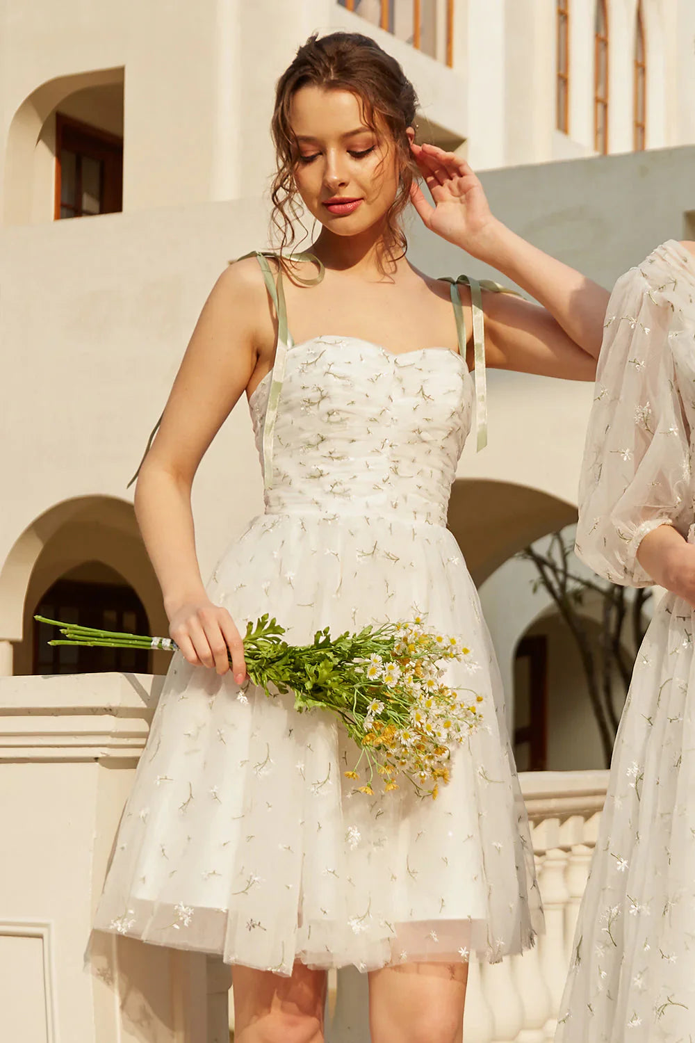 Stylish Spaghetti Straps White Floral Design A-line Spaghetti Strap Homecoming Dress TP3653