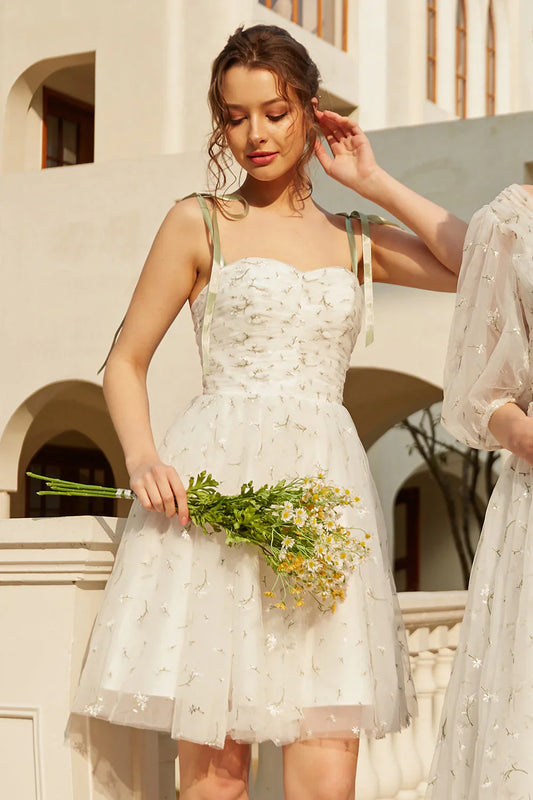 Stylish Spaghetti Straps White Floral Design A-line Spaghetti Strap Homecoming Dress TP3653