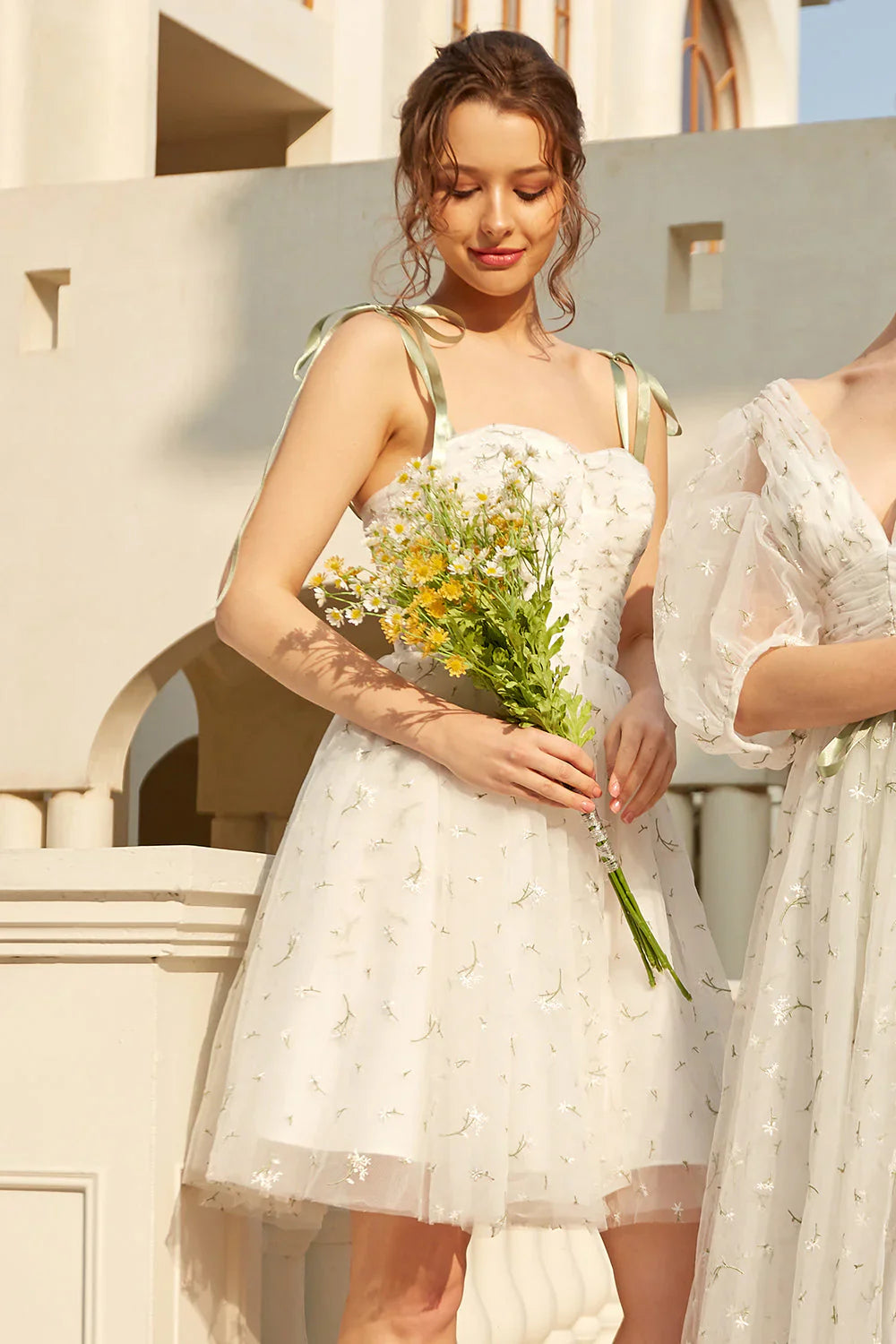 Stylish Spaghetti Straps White Floral Design A-line Spaghetti Strap Homecoming Dress TP3653