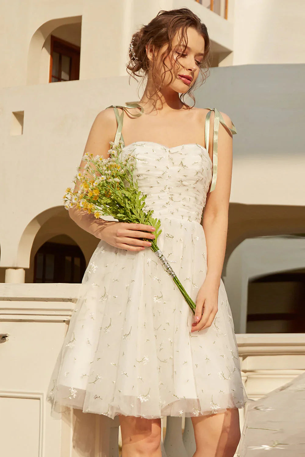 Stylish Spaghetti Straps White Floral Design A-line Spaghetti Strap Homecoming Dress TP3653
