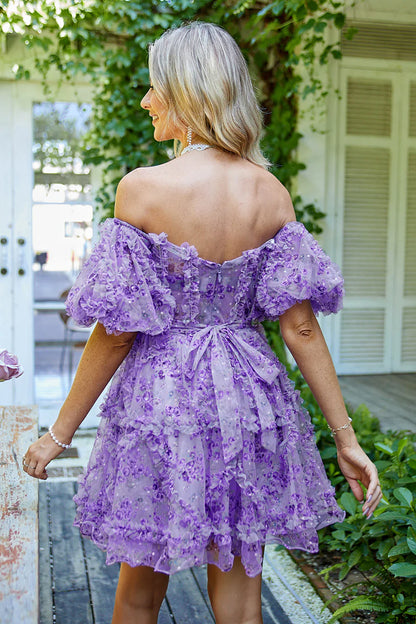 Vestido de fiesta de graduación con hombros descubiertos, diseño floral, corte A y capas, TP3652