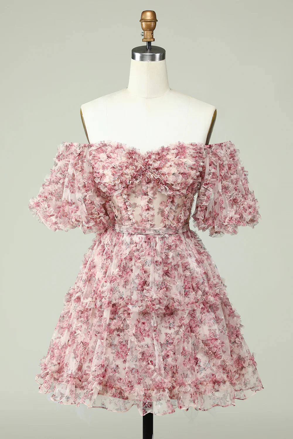 Vestido de fiesta de graduación con hombros descubiertos, diseño floral, corte A y capas, TP3652